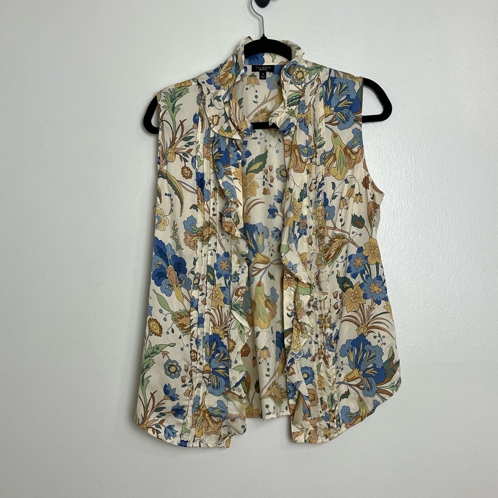 Talbots Silk Blue Floral Print Button Down Collared Neck Ruffled Front Blouse 8‎ - Picture 6 of 9